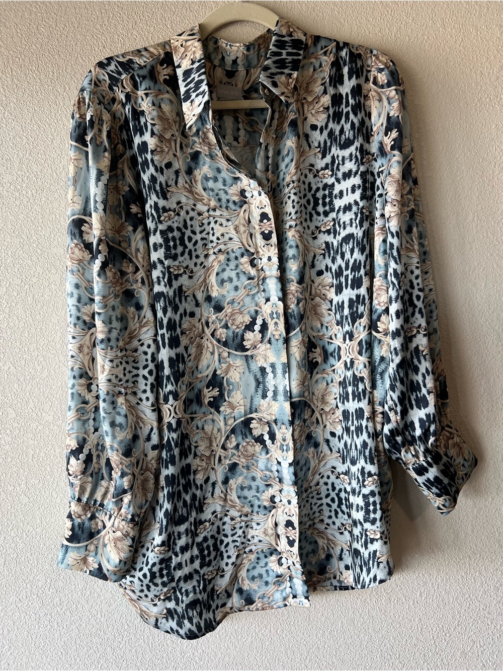 Chico's Black, Cream & Light Blue Mixed Print Button-Down Blouse